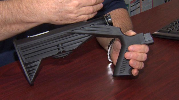 Essex Police Chief Peter Silva held up a bump stock that someone turned in this week as the Massachusetts ban on the devices went into effect. “To my knowledge, this is the only one that’s been turned in to date,” he said. State Police said they received three bump stocks and one trigger crank, as Massachusetts now becomes the first state in the country to make the devices illegal. Essex Police Chief Peter Silva held up a bump stock that someone turned in this week as the Massachusetts ban on the devices went into effect. “To my knowledge, this is the only one that’s been turned in to date,” he said. State Police said they received three bump stocks and one trigger crank, as Massachusetts now becomes the first state in the country to make the devices illegal.