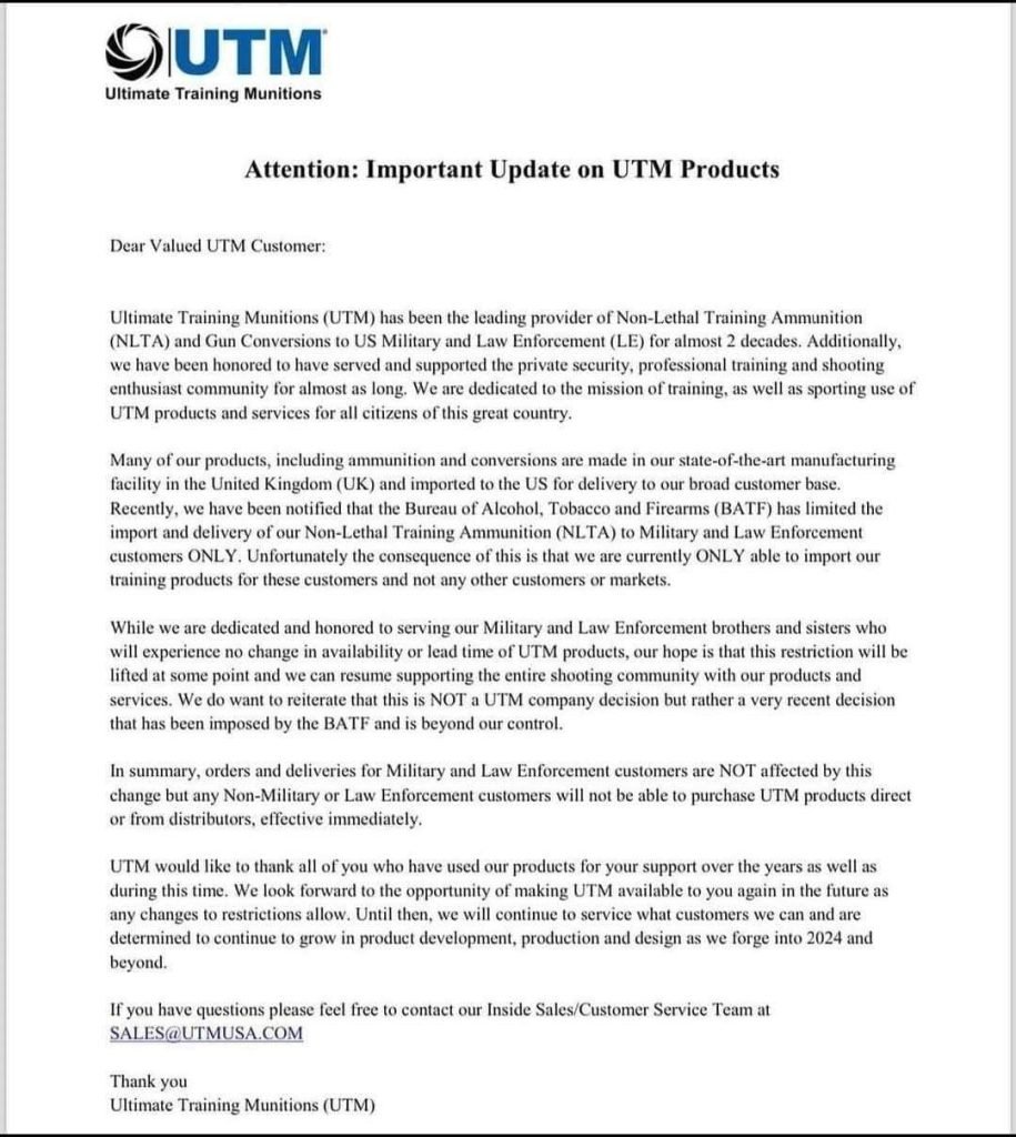 UTM Simunitions banned ATF